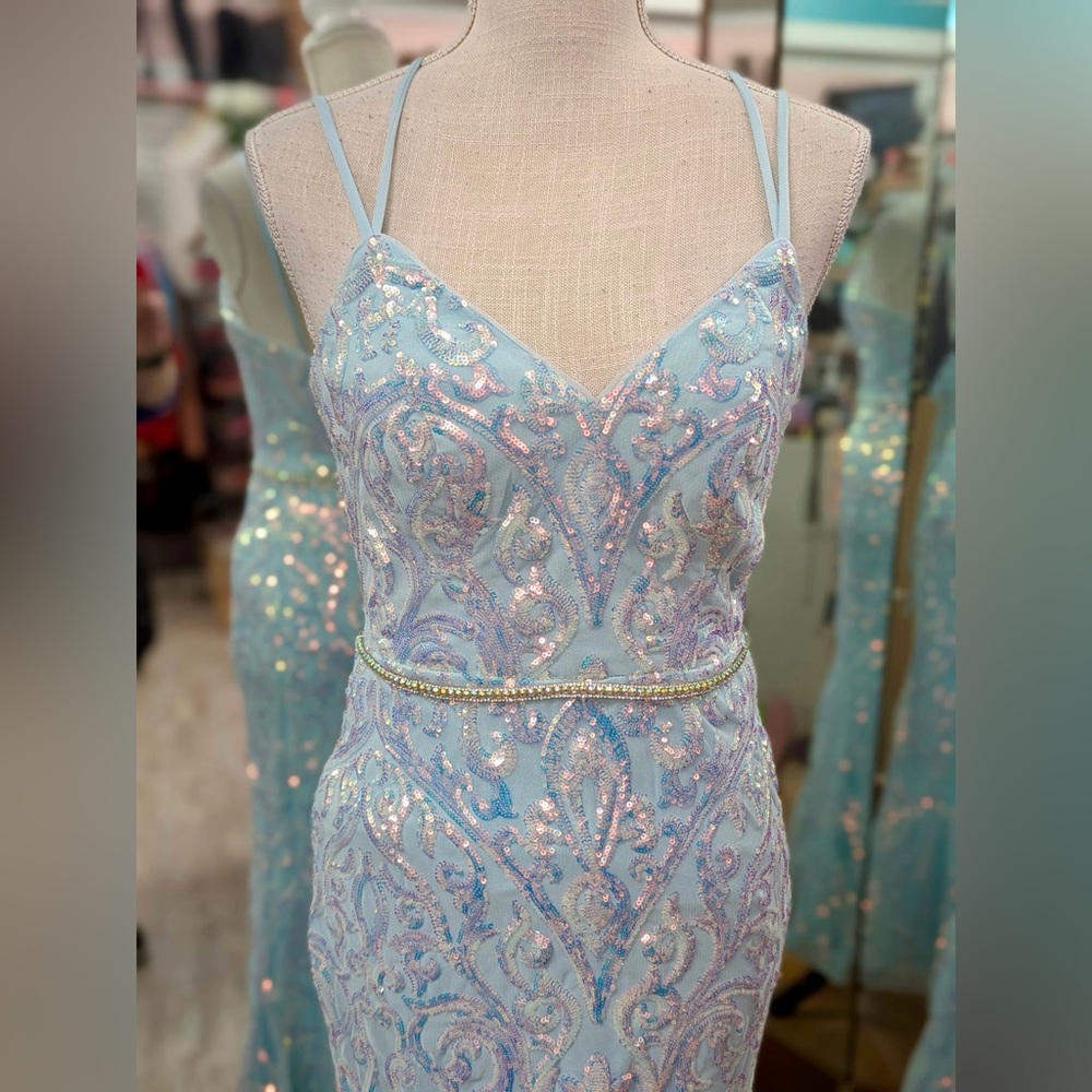 Camilla La Vie Light Blue Sequin Corset Back Mermaid Prom Dress Petite 4P Gown - Picture 6 of 10